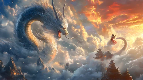 Sky serpent guarding floating temples at blazing dawn.