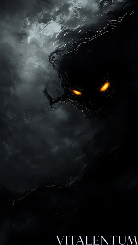 Shadow wraith with burning eyes emerges from storm clouds.