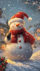 Smiling snowman in red hat on cozy winter street.