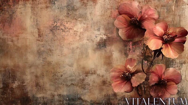 Composite floral arrangement displayed against textured aged surface