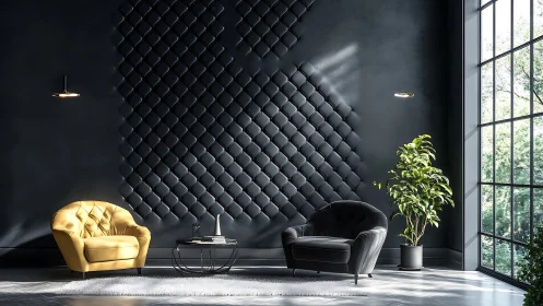 Modern lounge with tufted chairs, 3D wall panels, floor-to-ceiling glazing