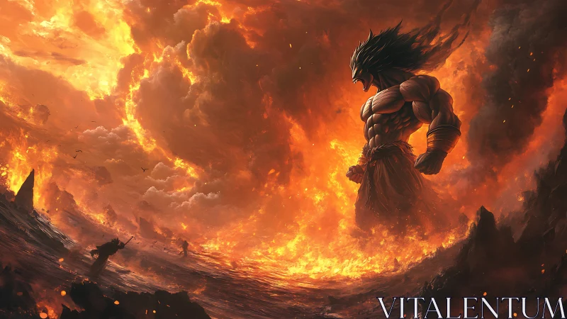 Storm of fire crowns a towering warrior in blazing rage