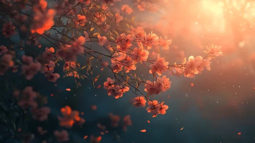 Sunlit cherry blossoms drift softly through glowing dusk air