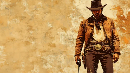 Lone cowboy gunslinger against worn desert backdrop.