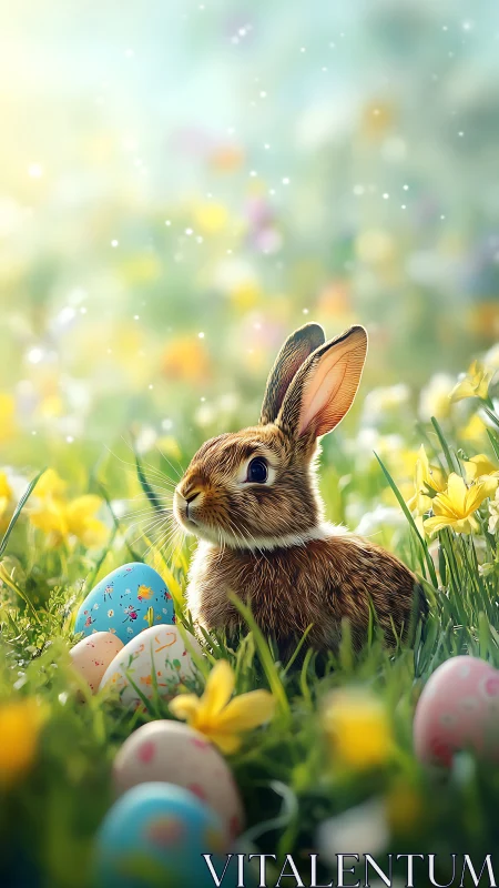 Brown rabbit sits among painted Easter eggs in flowers