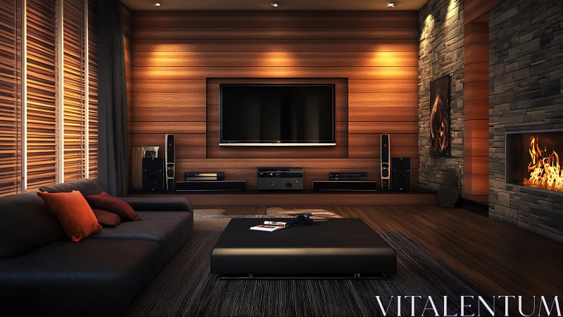 Warm modern media room with linear fireplace and wood panel acoustics