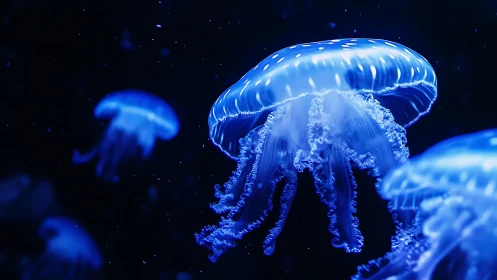 Bioluminescent blue jellyfish drift through dark ocean depths