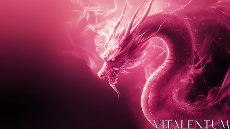 Coiled pink dragon in glowing smoke on dark background.