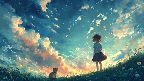 Backlit girl and cat under luminous dusk cloudscape
