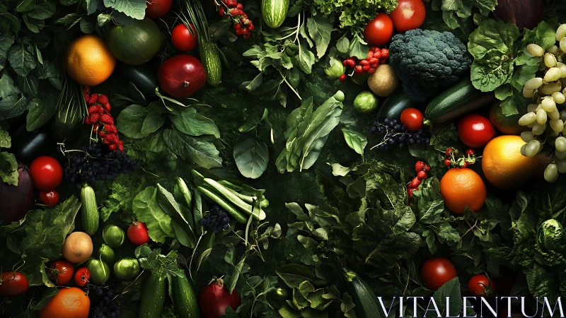 Garden galaxy of fruits and greens orbiting a leafy void.