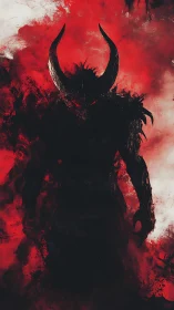 Horned shadow figure in red and black abstract background.