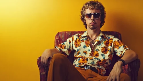 Retro cool lounge portrait in bold floral and golden tones.