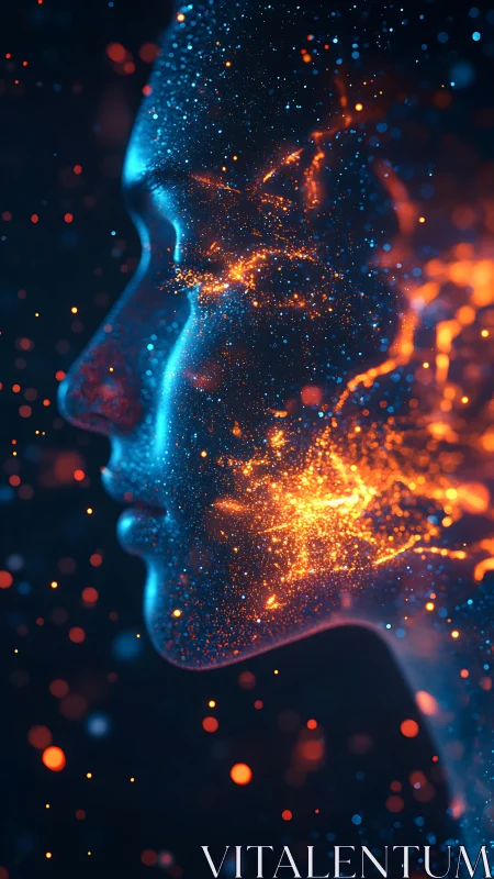 Digital human profile glows with flowing particle light.