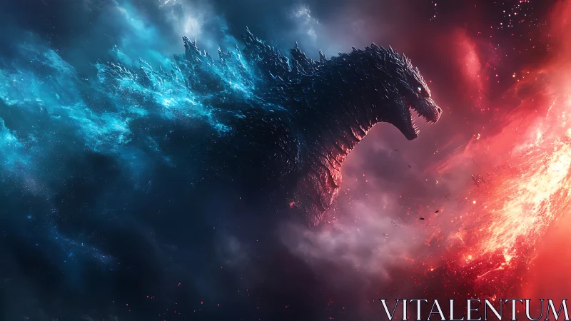 Cosmic kaiju roars between tidal waves of fire and frost.