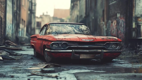 Abandoned red vintage car sits weathered in narrow alleyway