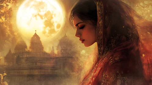 Side profile of veiled woman before illuminated temple skyline