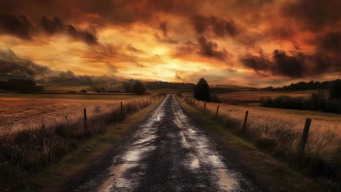 Wet country road under dramatic golden sunset sky.