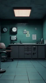 Clinical teal examination room rendered in moody 3D realism