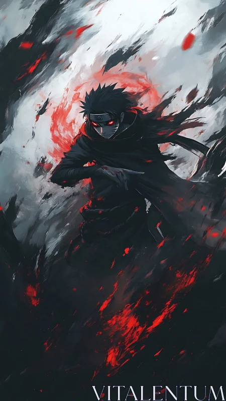 Stormlit rogue shinobi swirling through scarlet embers.