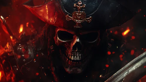 Skeletal pirate captain portrait with burning ember backdrop.