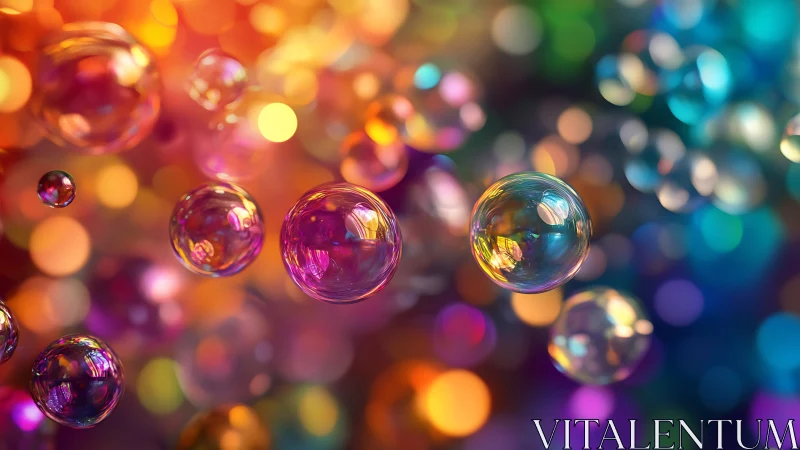 Shimmering rainbow bubbles drifting through soft daylight.