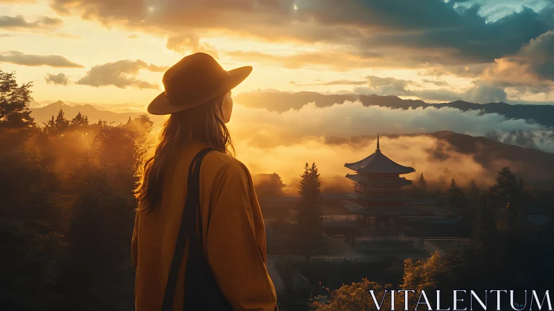 Traveler watches temple at golden sunrise above misty hills