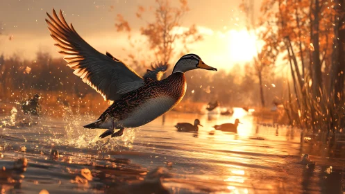 Duck lifts from reflective water surface at low sun angle