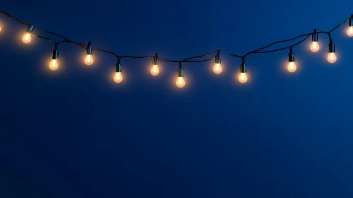 Warm tungsten string lights on deep blue negative background