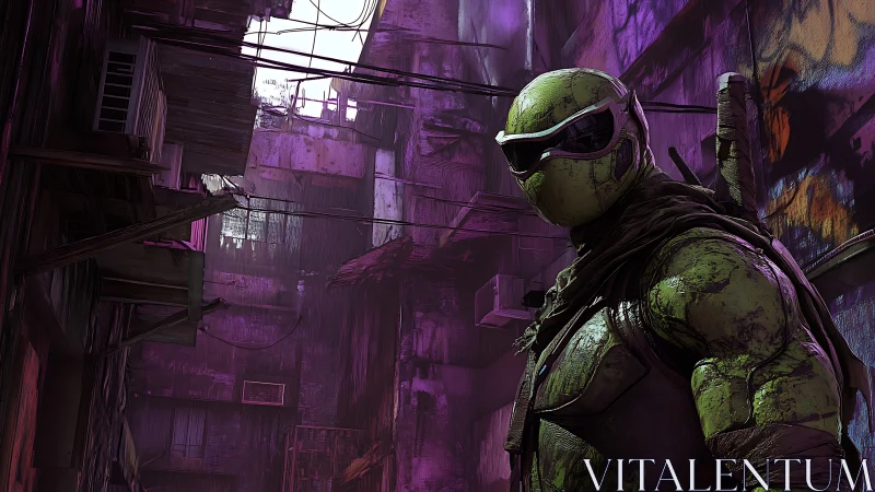 Armored mutant sentinel patrols neon-scarred urban alley