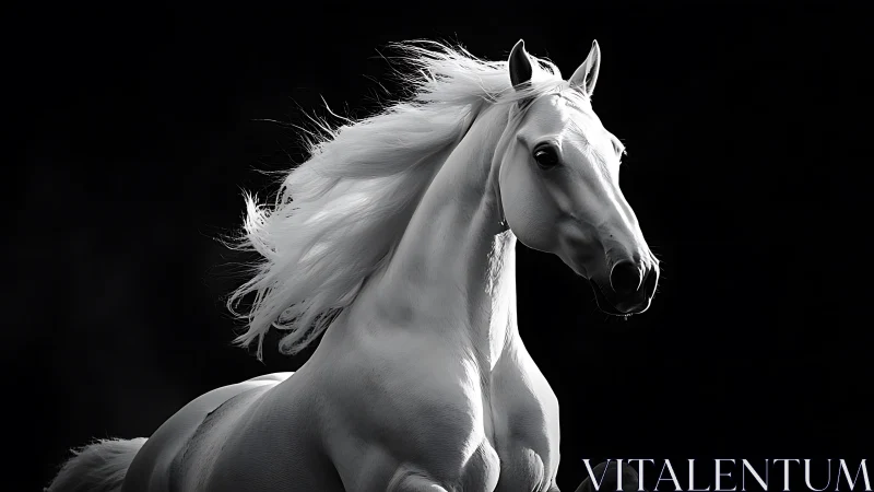 White stallion in dramatic monochrome studio lighting.