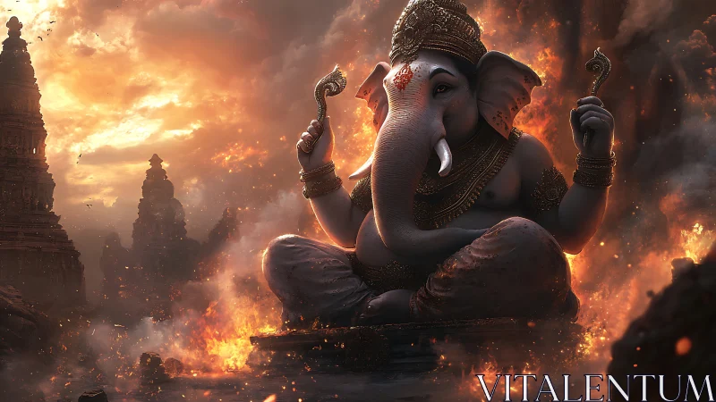 Serene elephant deity sits calmly inside a storm of sacred fire