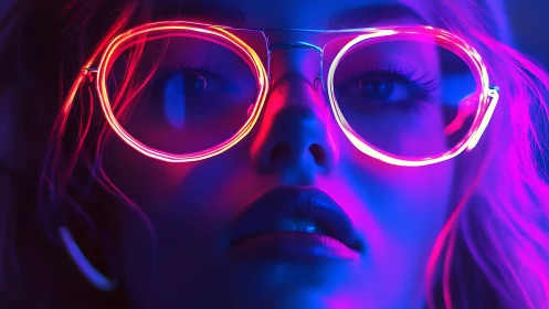 Female face in neon glasses under dual-color lighting.