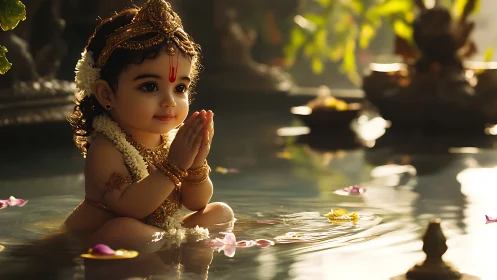Divine infant deity in lotus pond with cinematic warm light.