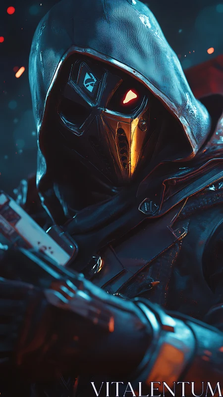 Cybernetic hooded assassin with glowing visor gaze.