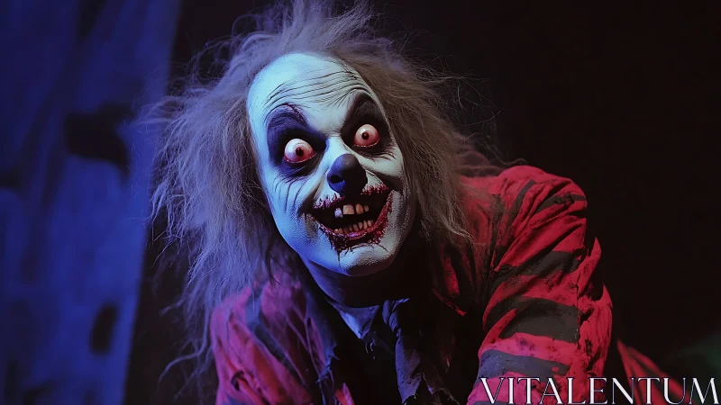 Grotesque clown demon portrait in vivid horror lighting.