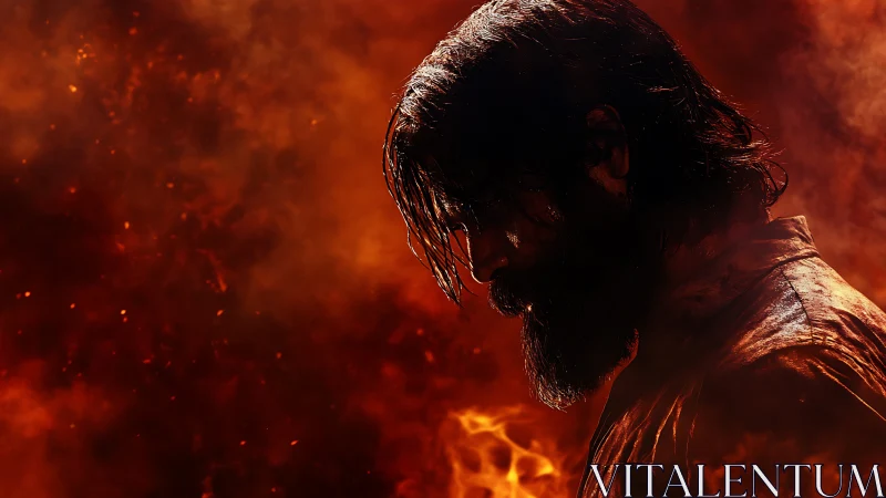 Bearded man in profile against intense fiery background.