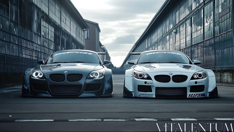 Widebody BMW sports cars facing camera in urban industrial lane.