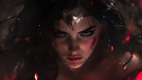 Battle-scarred warrior princess glares through ember storm.