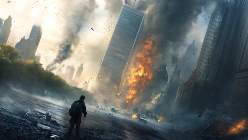 Lone survivor watches a burning skyscraper consume the city
