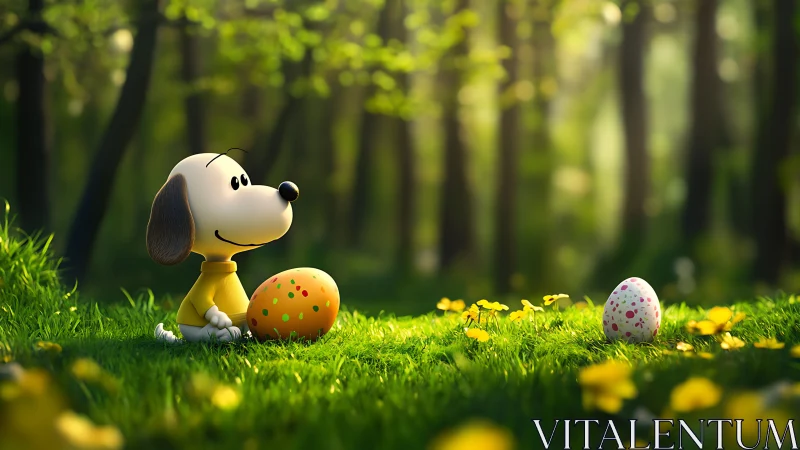 Cartoon dog with Easter eggs in sunlit forest clearing.