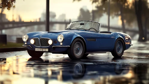 Photorealistic render of classic blue roadster on wet boulevard.