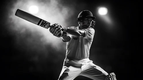 Cricket batsman swings under dramatic stadium floodlights