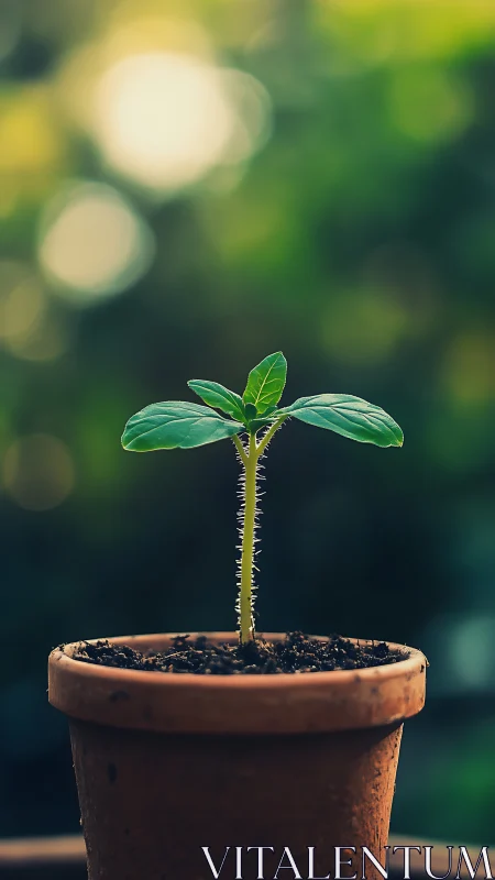 Young green seedling rises from clay pot in soft bokeh light