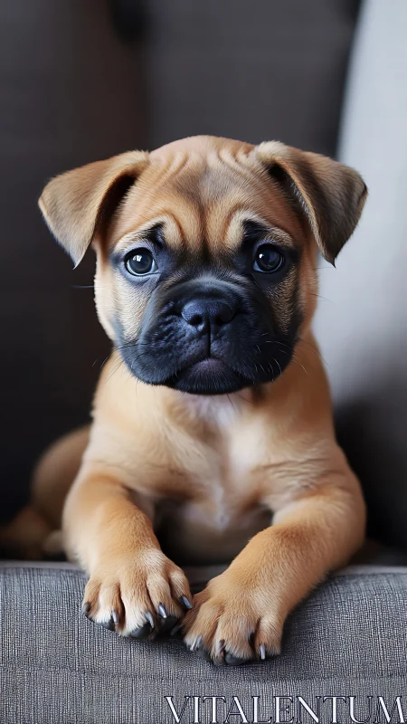 Soft-eyed puppy waiting patiently on a cozy sofa edge.