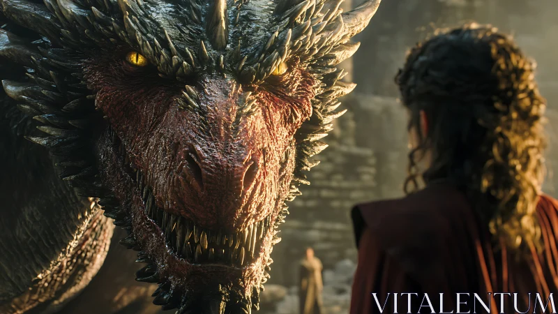 Cinematic close-up renders dragon scrutiny of cloaked figure