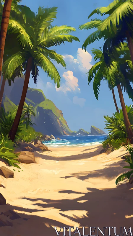 Tropical Beach Cove with Palms and Volcanic Headlands