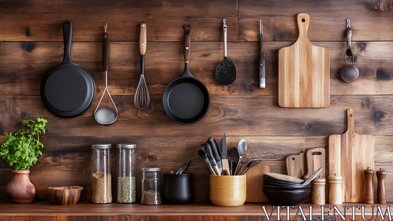 Rustic wooden kitchen wall organizes cookware and utensils.