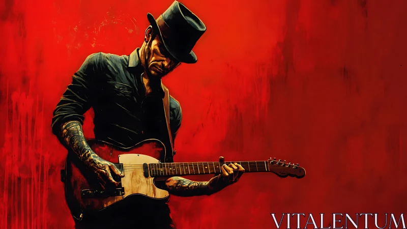 Brooding blues guitarist framed by vivid scarlet backdrop.