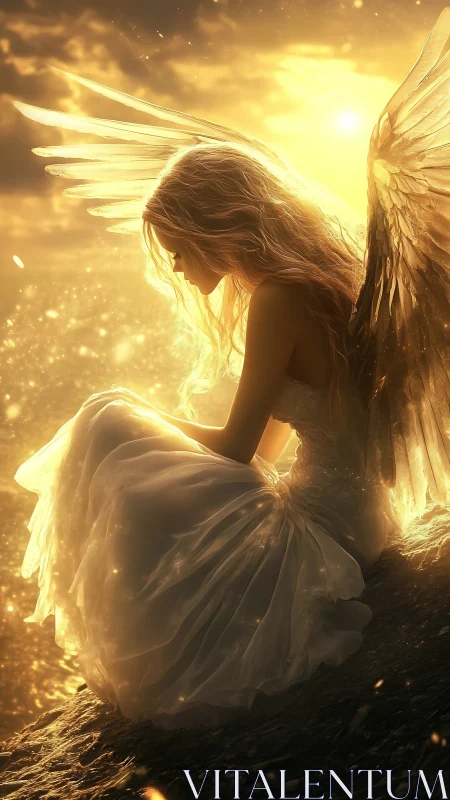 Sunset-winged angel resting in a storm of molten light.