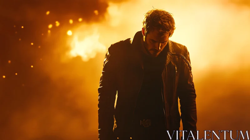 Brooding leather clad hero walks through glowing embers